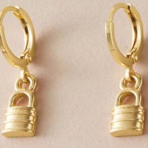 Dainty Dangle Lock Hoop Round Drop Earrings Gold